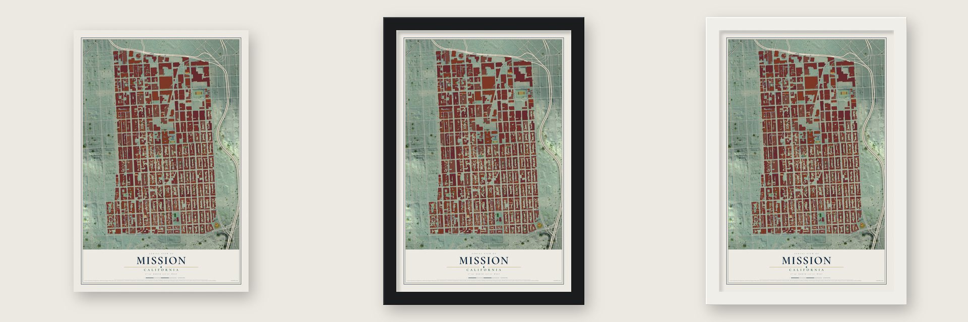 Mission, California map unframed, in a black wood frame and in a white wood frame