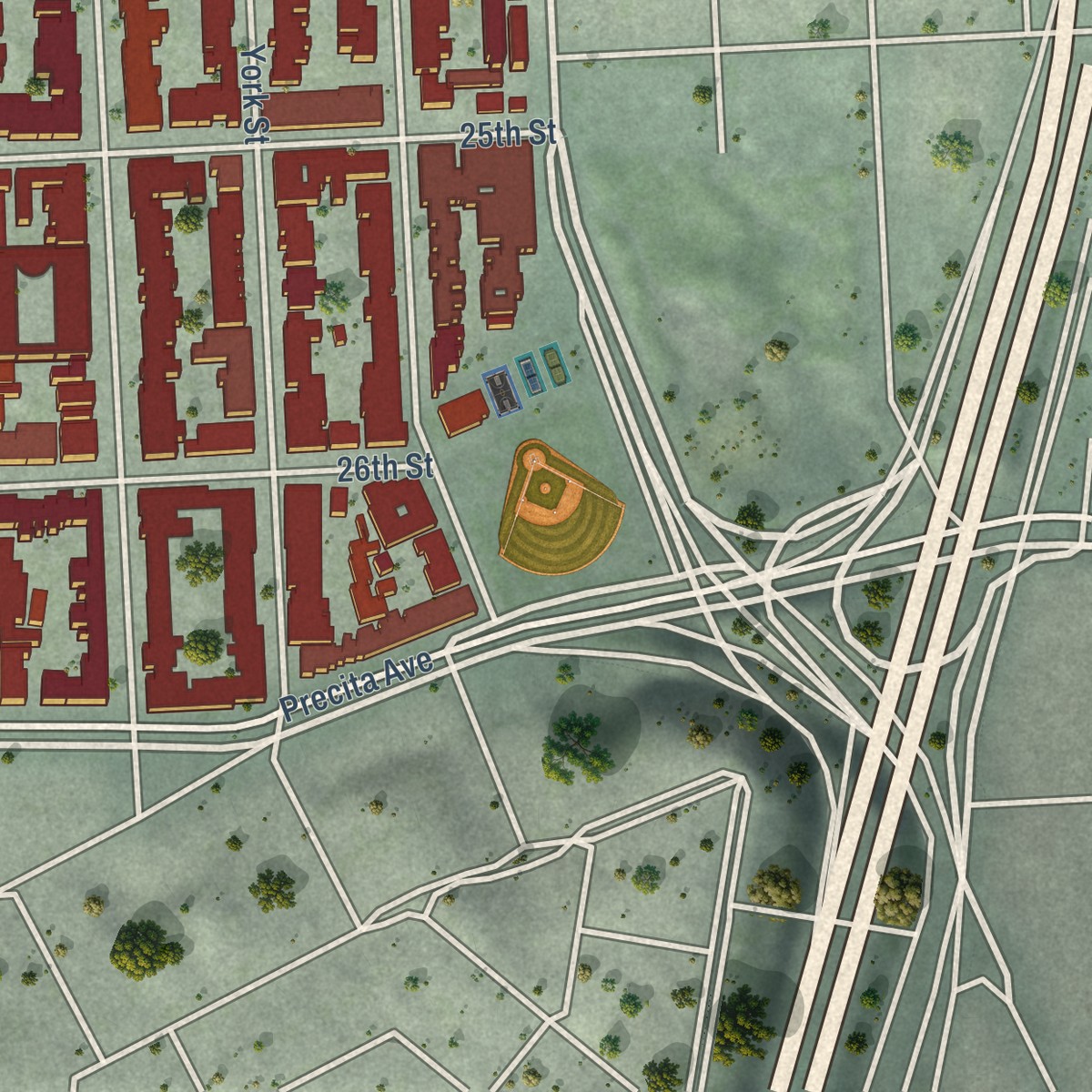 Second close-up of the map of Mission, California print showing more streets and buildings