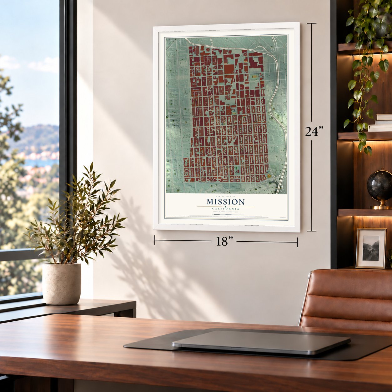Mission, California map, 18 x 24 inch print in a white frame in a home office