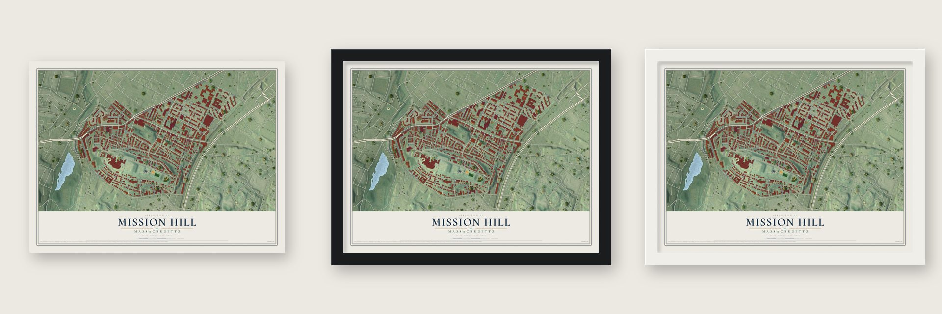 Mission Hill, Massachusetts map unframed, in a black wood frame and in a white wood frame