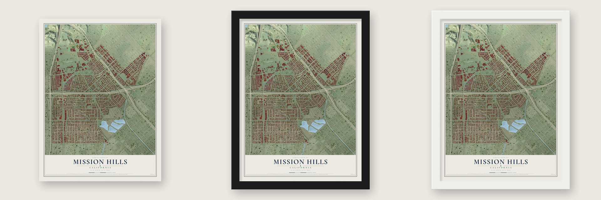 Mission Hills, California map unframed, in a black wood frame and in a white wood frame