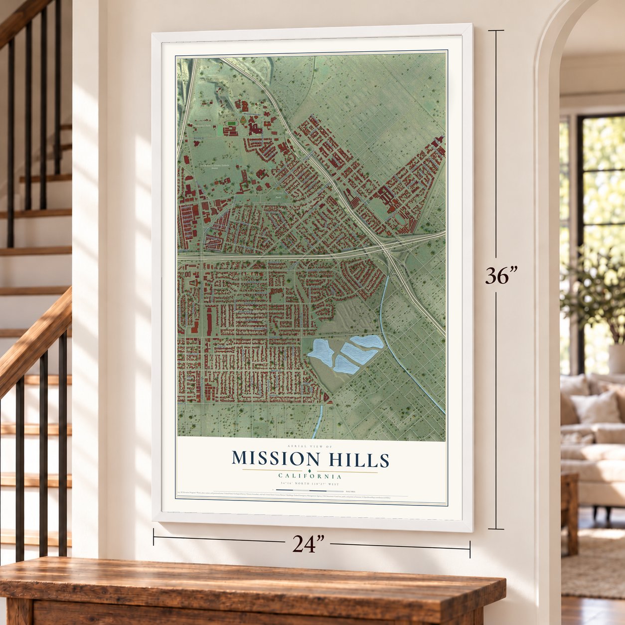 Mission Hills, California map, 24 x 36 inch print in a white frame by a staircase