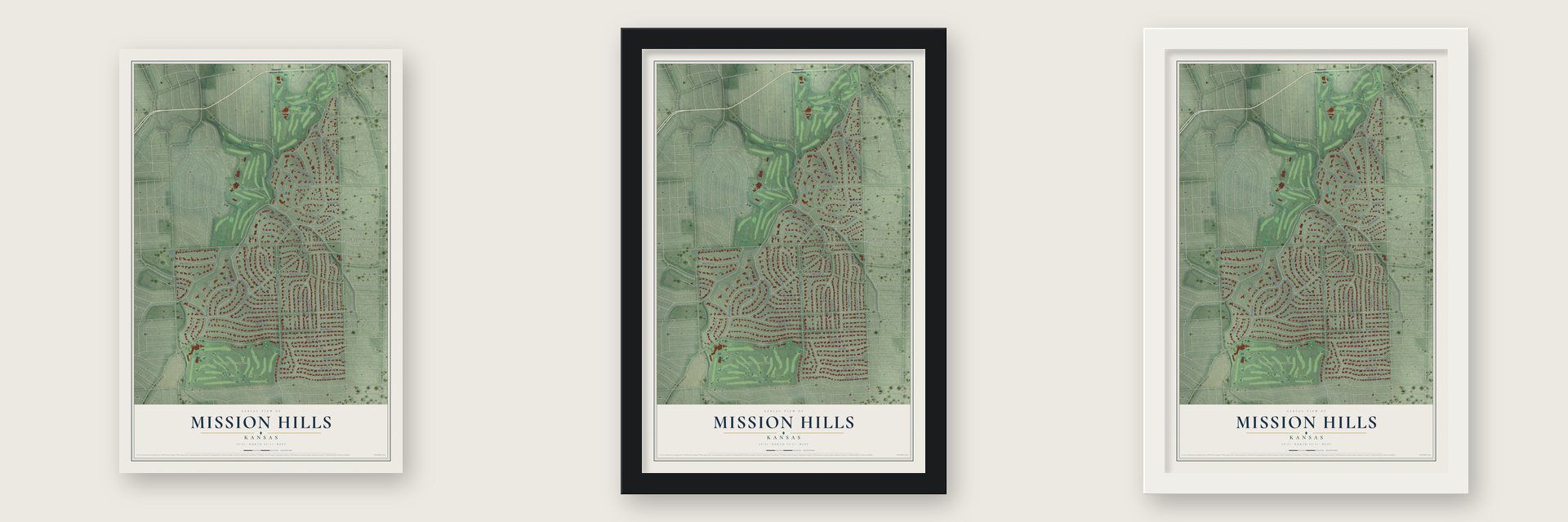 Mission Hills, Kansas map unframed, in a black wood frame and in a white wood frame