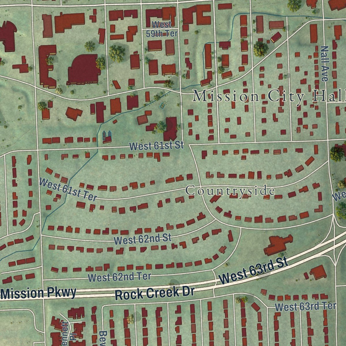 Second close-up of the map of Mission, Kansas print showing more streets and buildings