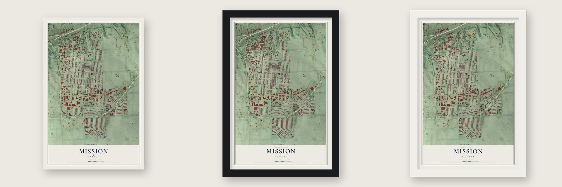 Mission, Kansas map unframed, in a black wood frame and in a white wood frame
