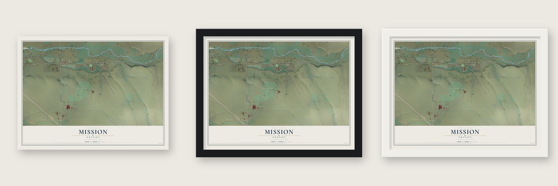 Mission, Oregon map unframed, in a black wood frame and in a white wood frame