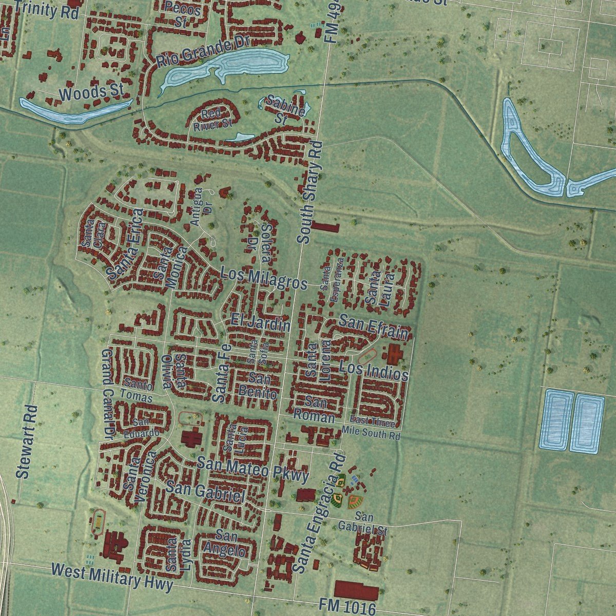 Second close-up of the map of Mission, Texas print showing more streets and buildings
