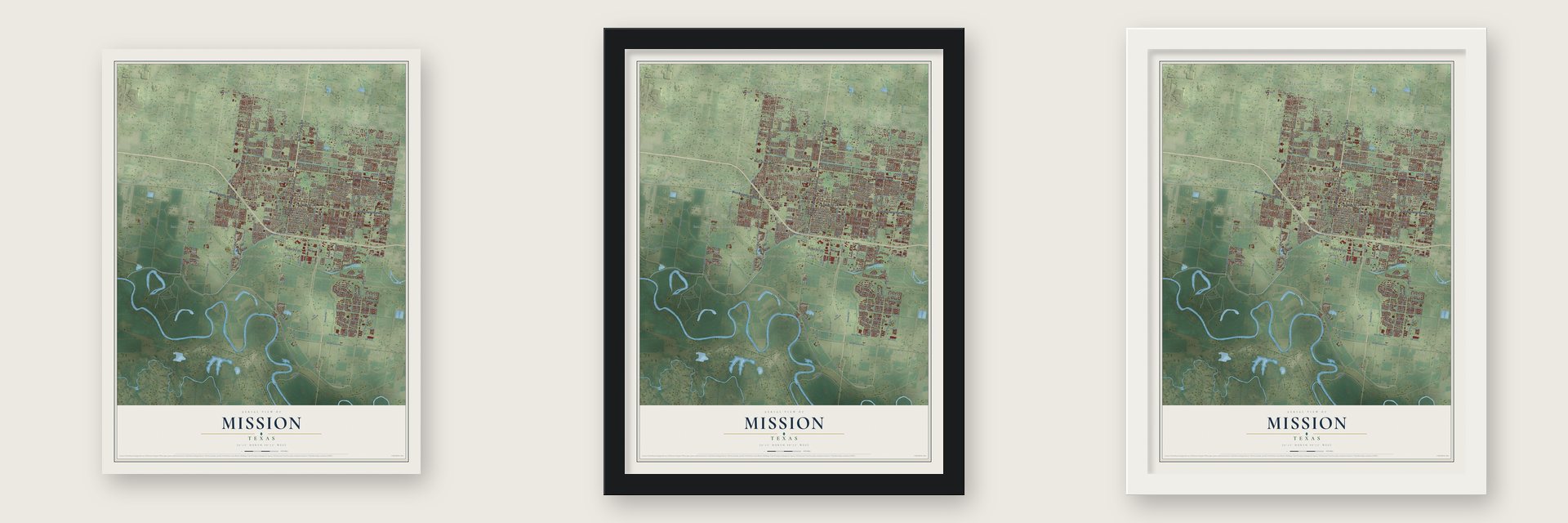 Mission, Texas map unframed, in a black wood frame and in a white wood frame