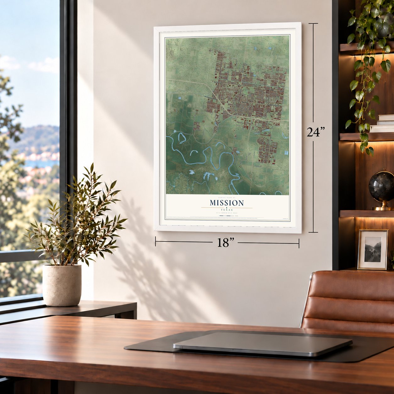Mission, Texas map, 18 x 24 inch print in a white frame in a home office