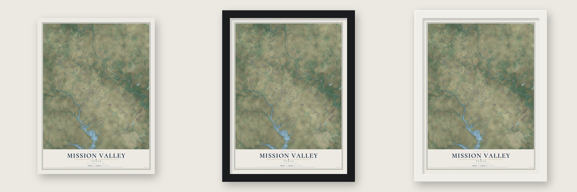 Mission Valley, Texas map unframed, in a black wood frame and in a white wood frame