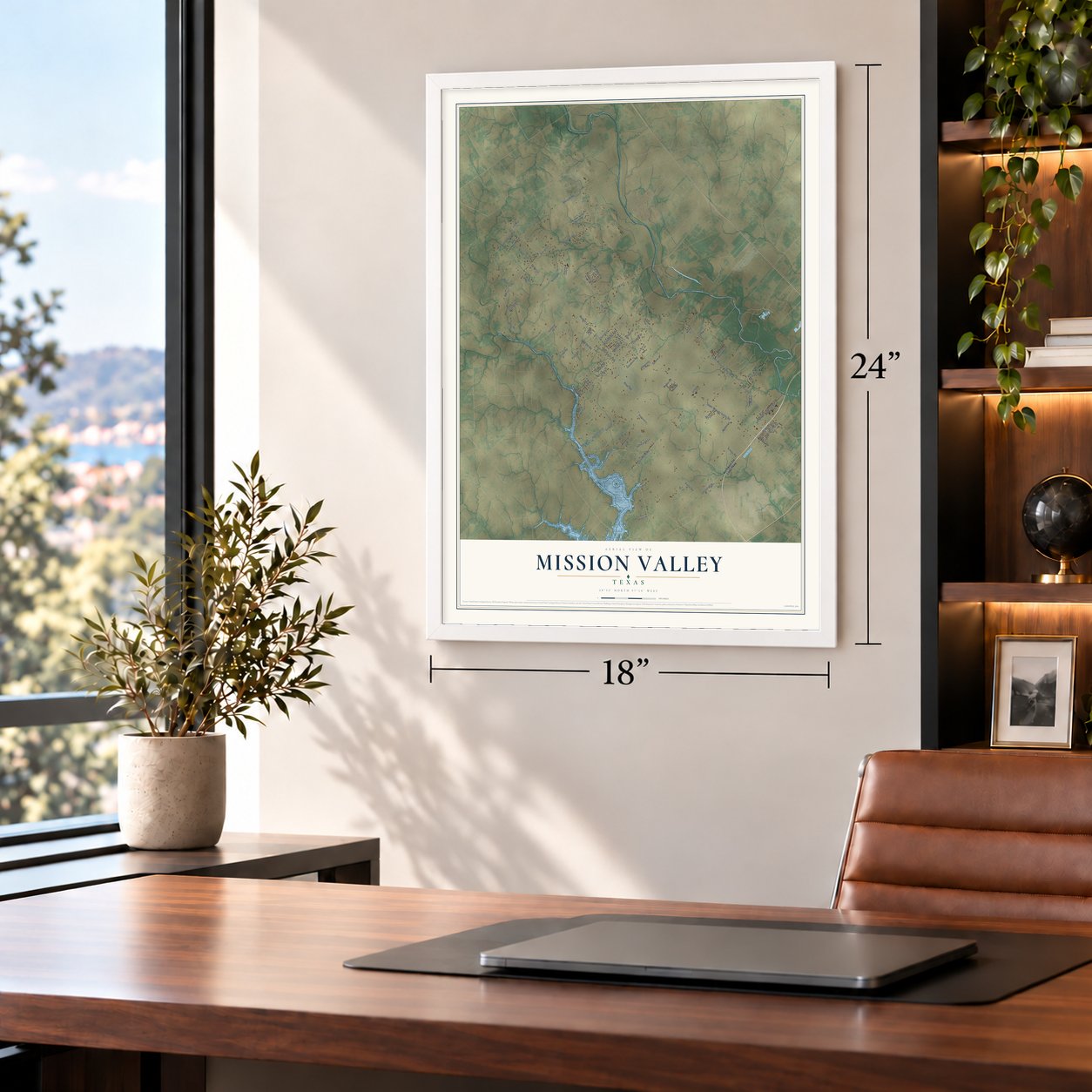 Mission Valley, Texas map, 18 x 24 inch print in a white frame in a home office