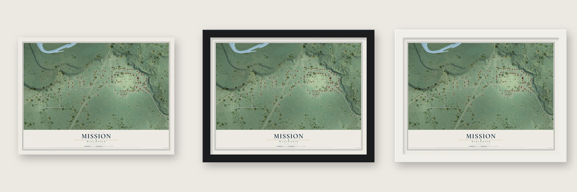 Mission, Wisconsin map unframed, in a black wood frame and in a white wood frame