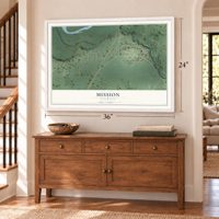 Mission, Wisconsin map, 24 x 36 inch print in a white frame above a dresser by a staircase