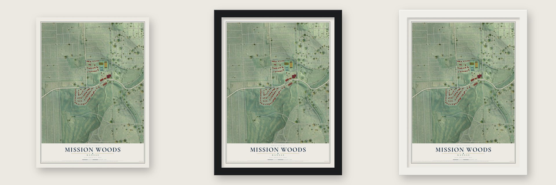 Mission Woods, Kansas map unframed, in a black wood frame and in a white wood frame