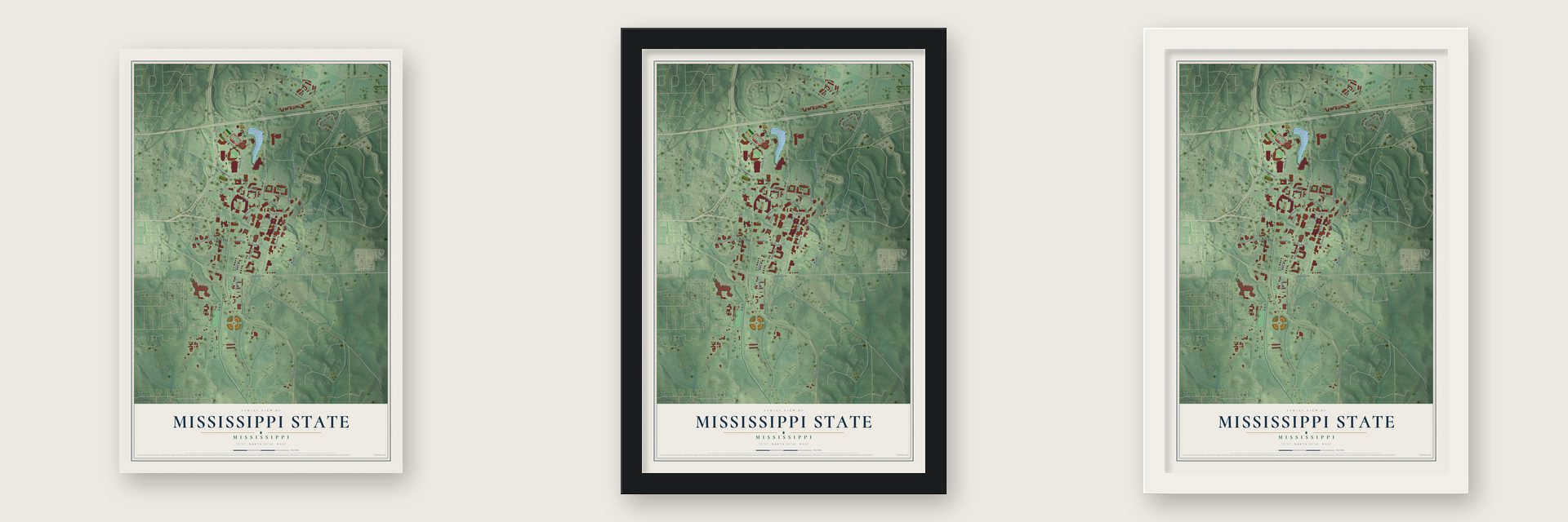 Mississippi State, Mississippi map unframed, in a black wood frame and in a white wood frame