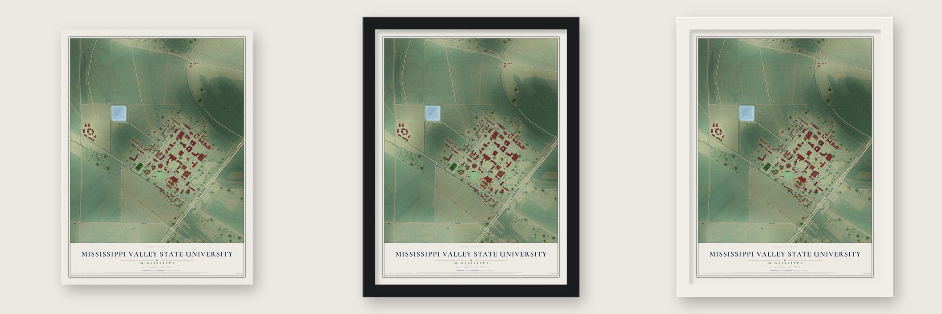 Mississippi Valley State University, Mississippi map unframed, in a black wood frame and in a white wood frame