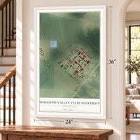 Mississippi Valley State University, Mississippi map, 24 x 36 inch print in a white frame by a staircase