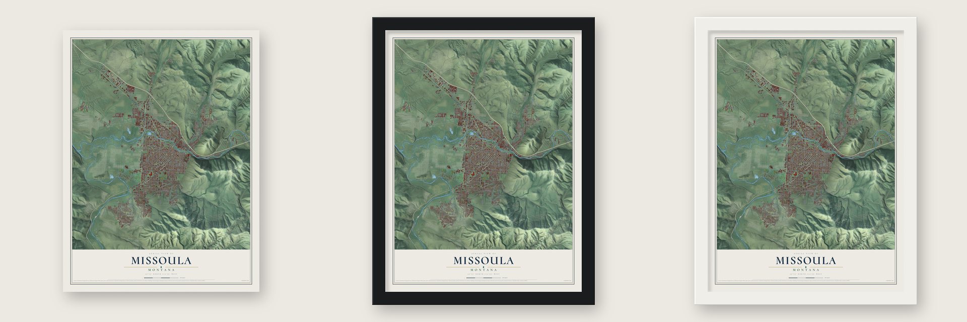 Missoula, Montana map unframed, in a black wood frame and in a white wood frame