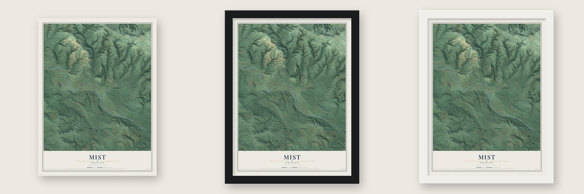 Mist, Oregon map unframed, in a black wood frame and in a white wood frame
