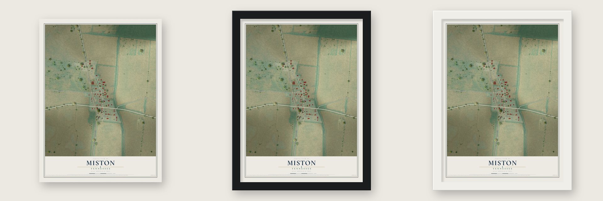 Miston, Tennessee map unframed, in a black wood frame and in a white wood frame