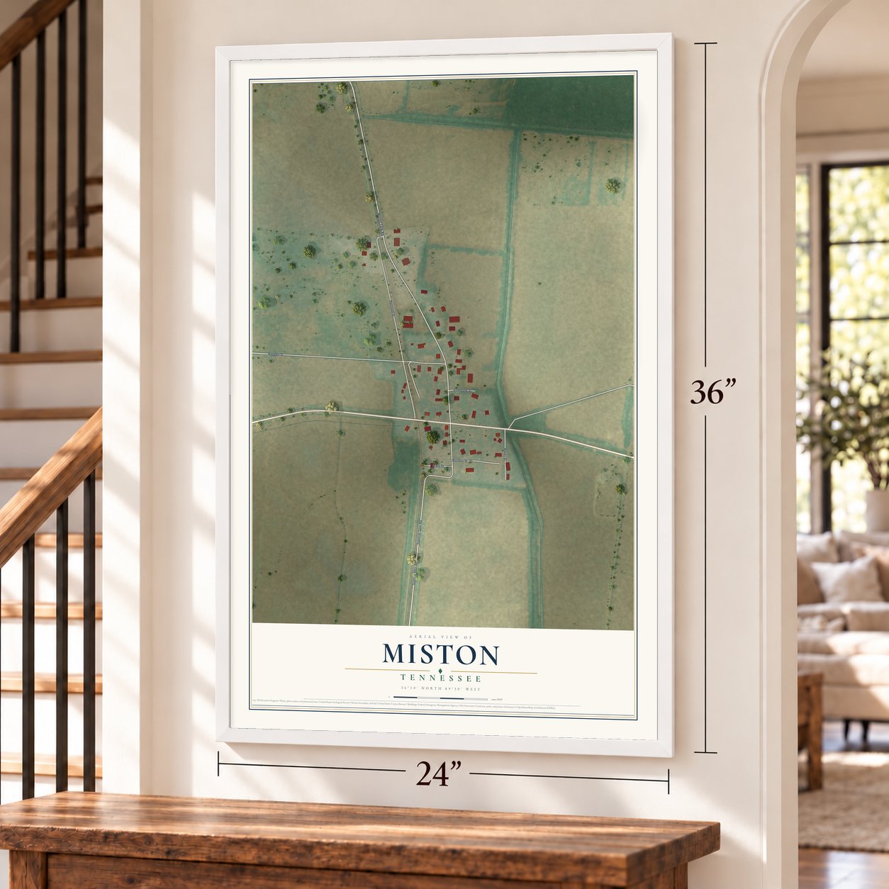 Miston, Tennessee map, 24 x 36 inch print in a white frame by a staircase