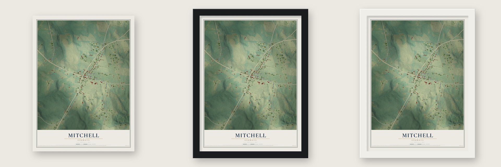 Mitchell, Georgia map unframed, in a black wood frame and in a white wood frame