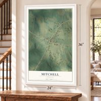 Mitchell, Georgia map, 24 x 36 inch print in a white frame by a staircase
