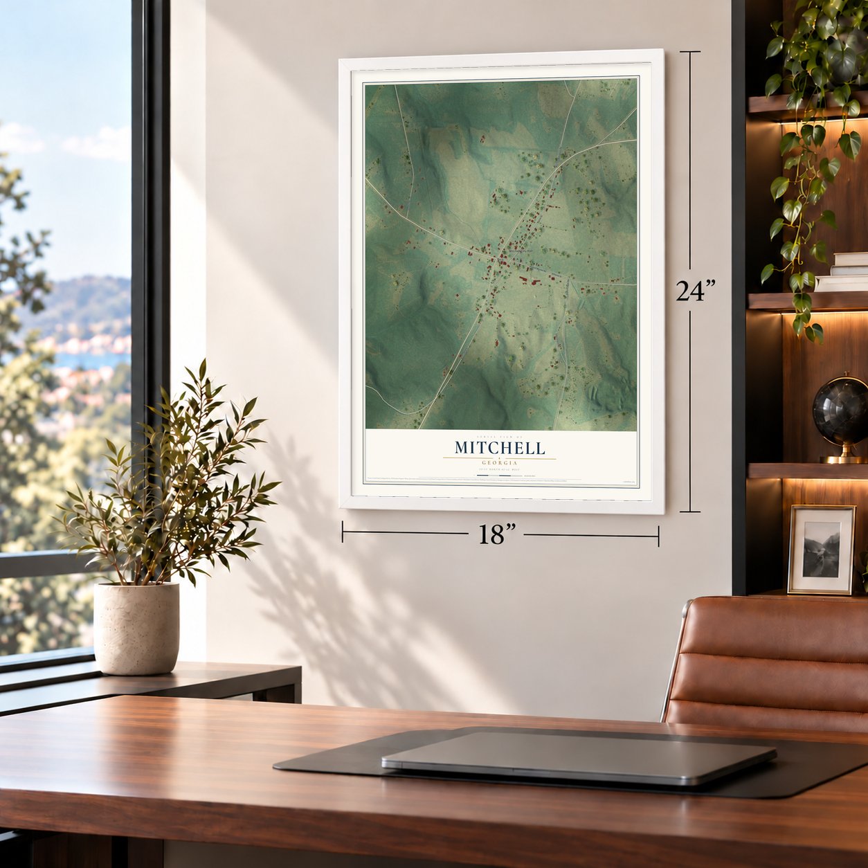 Mitchell, Georgia map, 18 x 24 inch print in a white frame in a home office