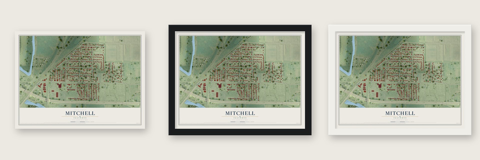 Mitchell, Illinois map unframed, in a black wood frame and in a white wood frame
