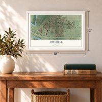 Mitchell, Illinois map, 12 x 18 inch print in a white frame in an entryway