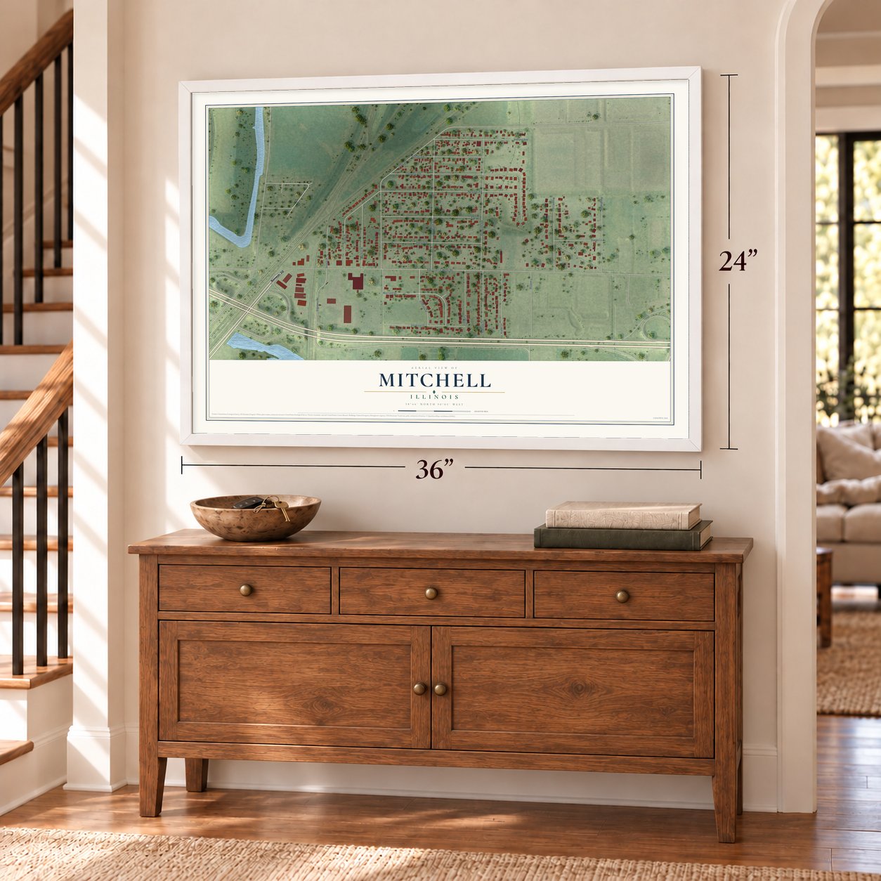 Mitchell, Illinois map, 24 x 36 inch print in a white frame above a dresser by a staircase