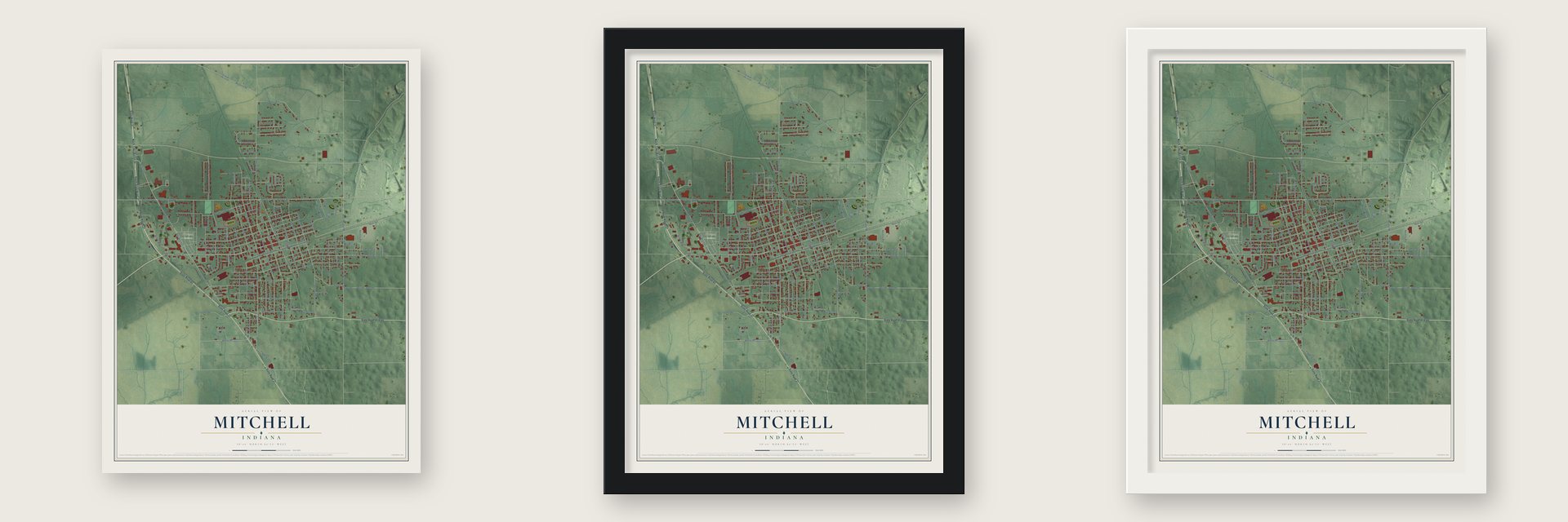 Mitchell, Indiana map unframed, in a black wood frame and in a white wood frame