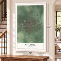 Mitchell, Indiana map, 24 x 36 inch print in a white frame by a staircase