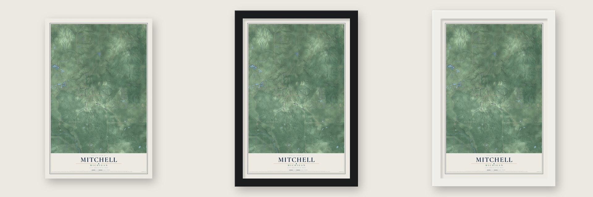 Mitchell, Michigan map unframed, in a black wood frame and in a white wood frame