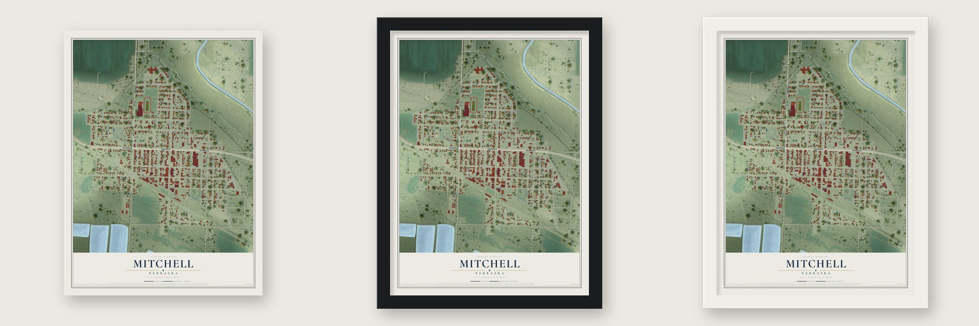 Mitchell, Nebraska map unframed, in a black wood frame and in a white wood frame