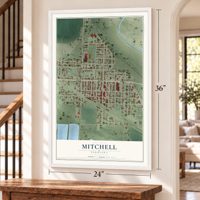 Mitchell, Nebraska map, 24 x 36 inch print in a white frame by a staircase