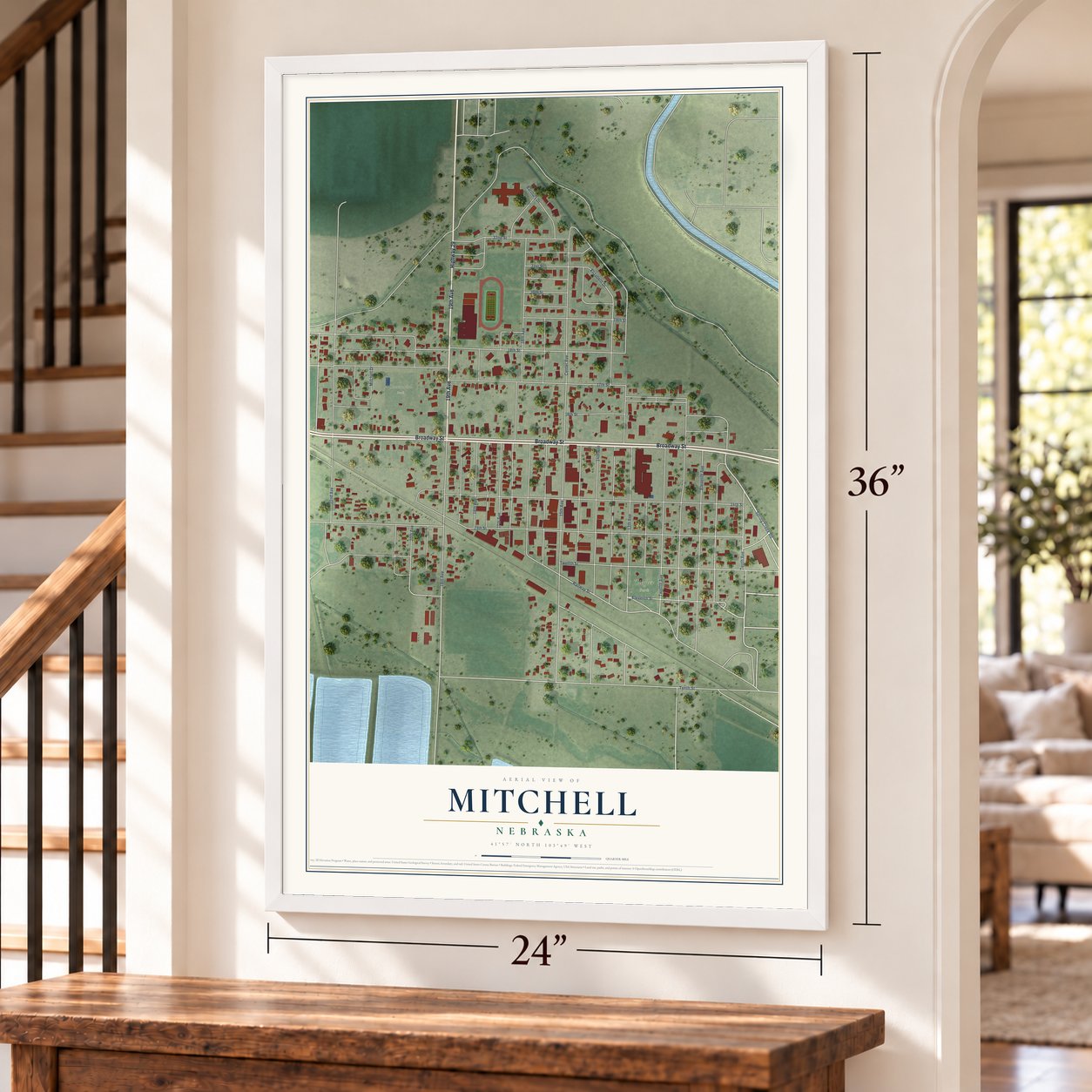 Mitchell, Nebraska map, 24 x 36 inch print in a white frame by a staircase