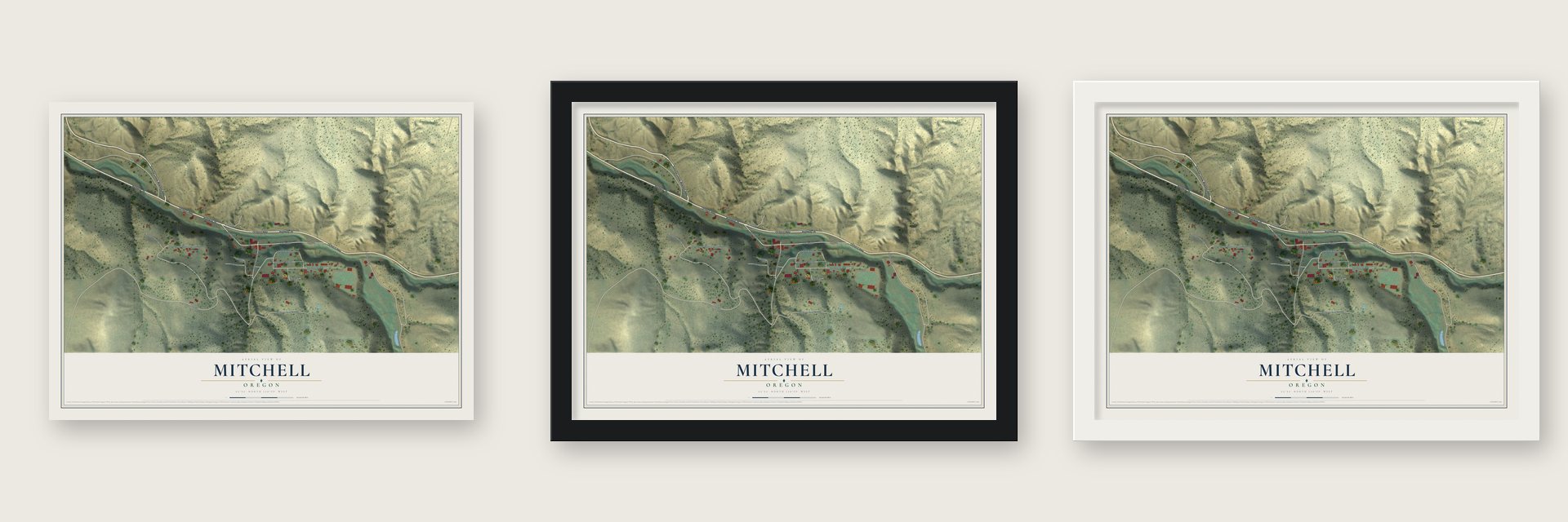 Mitchell, Oregon map unframed, in a black wood frame and in a white wood frame