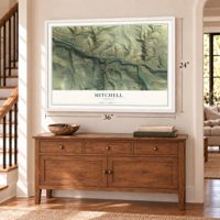 Mitchell, Oregon map, 24 x 36 inch print in a white frame above a dresser by a staircase