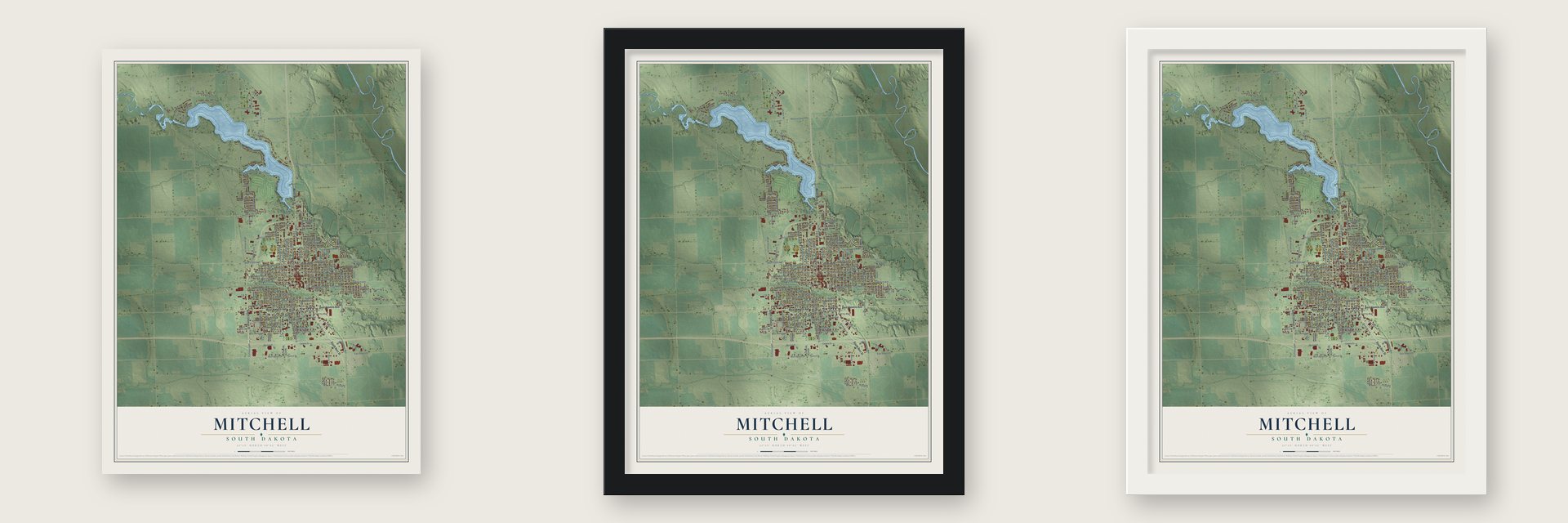Mitchell, South Dakota map unframed, in a black wood frame and in a white wood frame