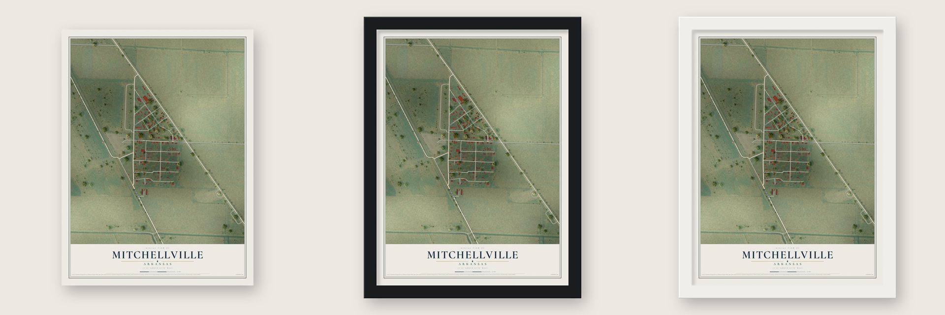 Mitchellville, Arkansas map unframed, in a black wood frame and in a white wood frame