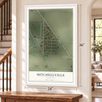 Mitchellville, Arkansas map, 24 x 36 inch print in a white frame by a staircase