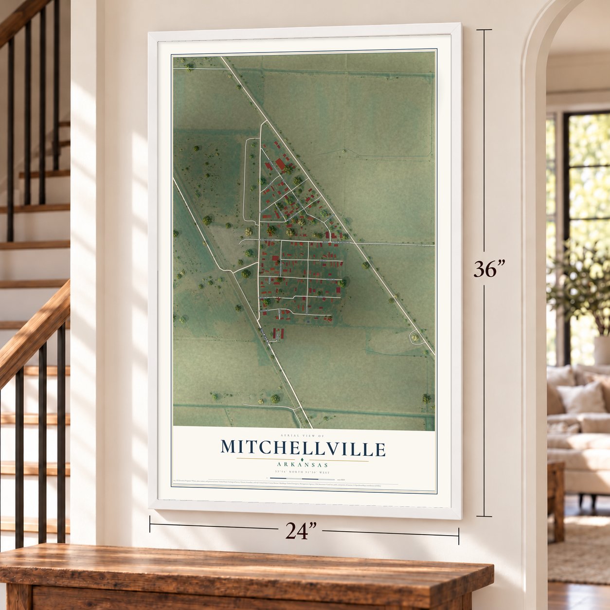 Mitchellville, Arkansas map, 24 x 36 inch print in a white frame by a staircase
