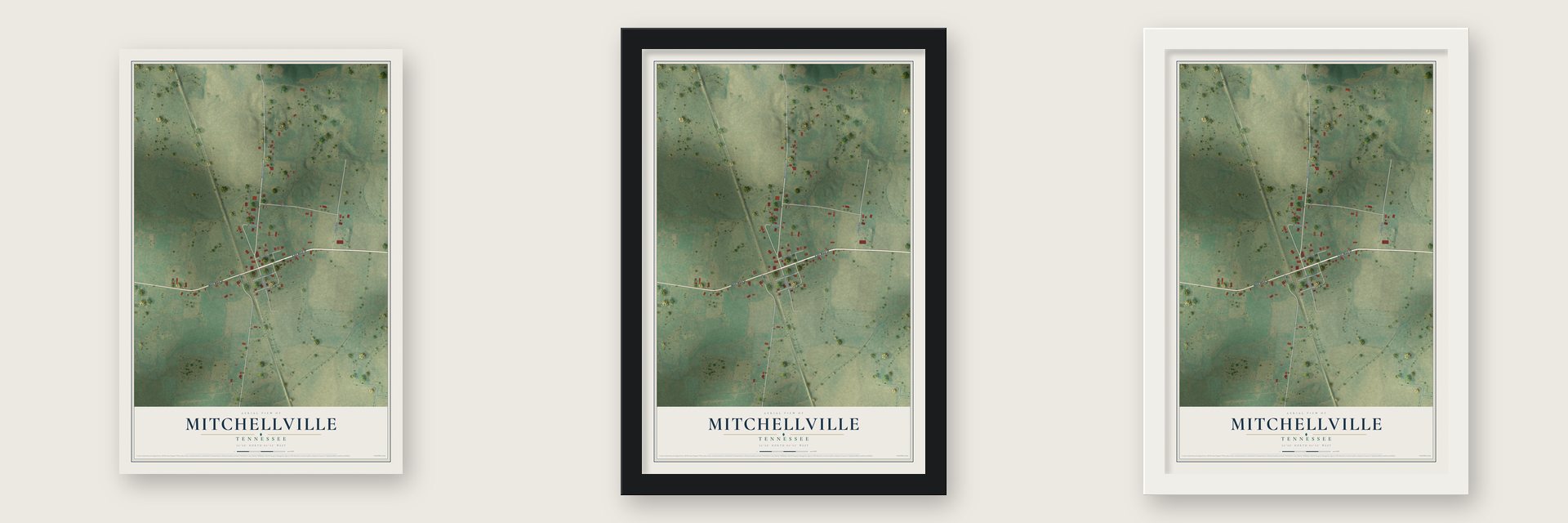 Mitchellville, Tennessee map unframed, in a black wood frame and in a white wood frame
