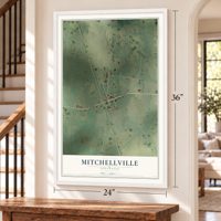 Mitchellville, Tennessee map, 24 x 36 inch print in a white frame by a staircase