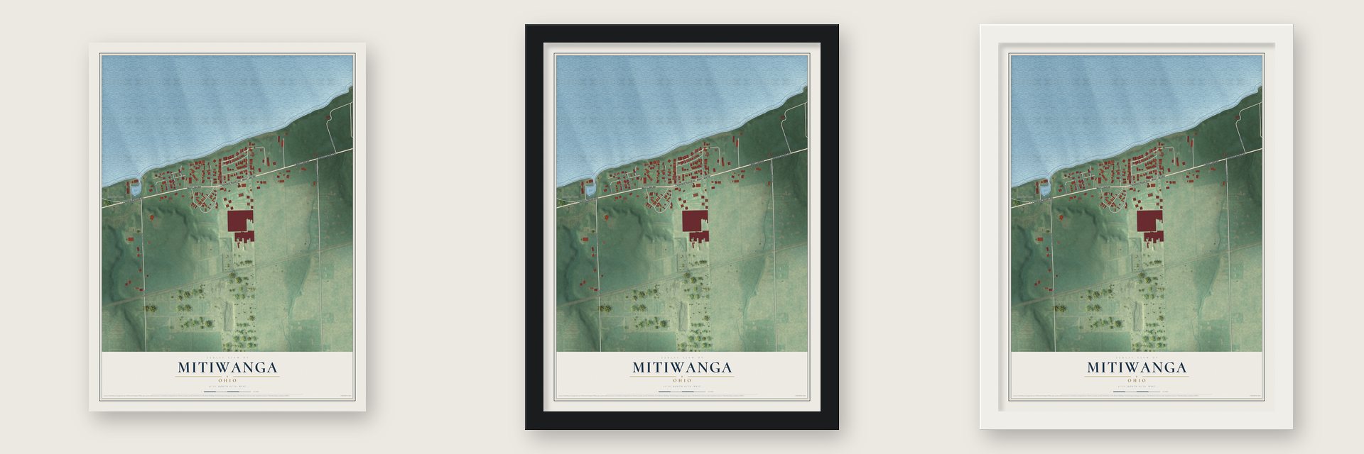Mitiwanga, Ohio map unframed, in a black wood frame and in a white wood frame