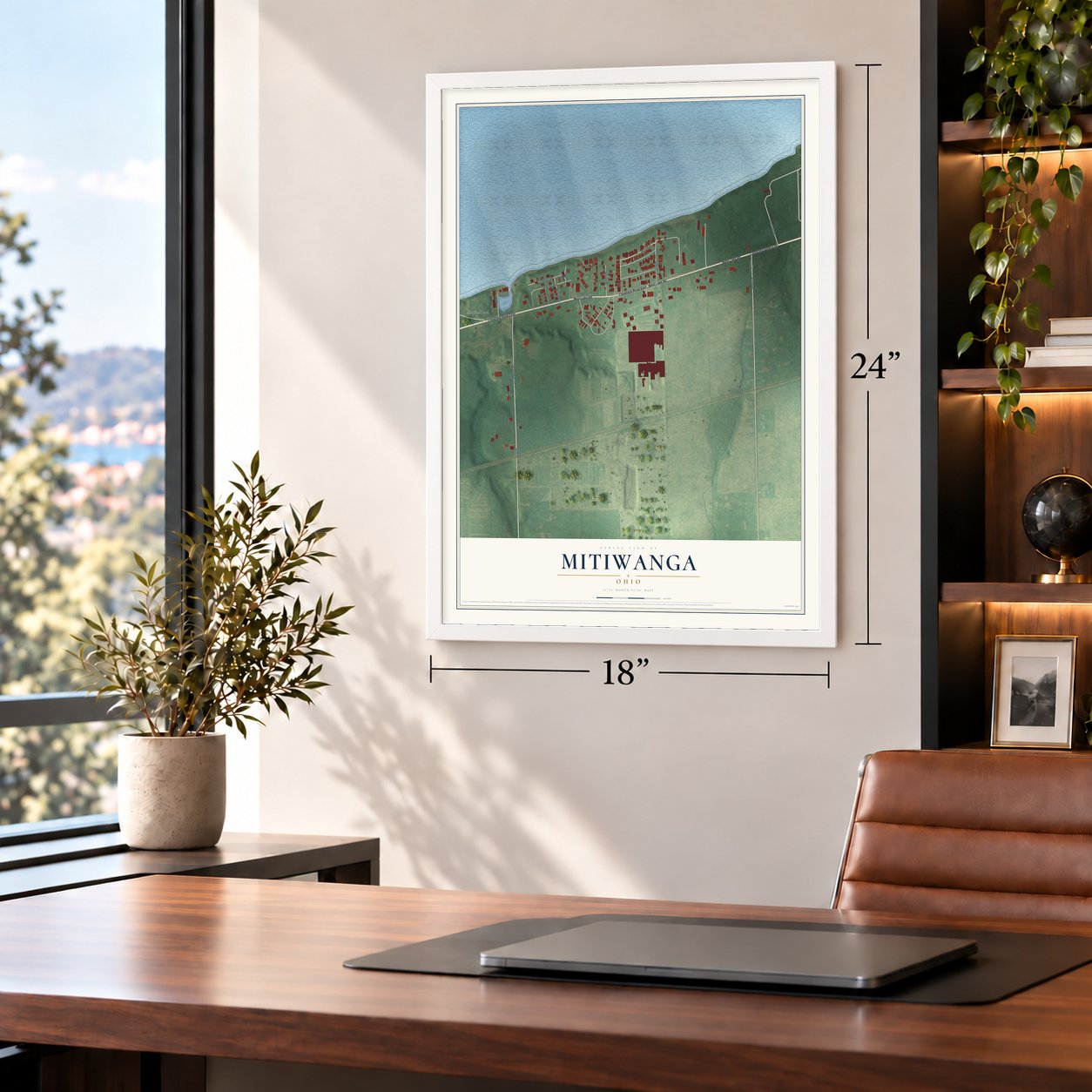 Mitiwanga, Ohio map, 18 x 24 inch print in a white frame in a home office