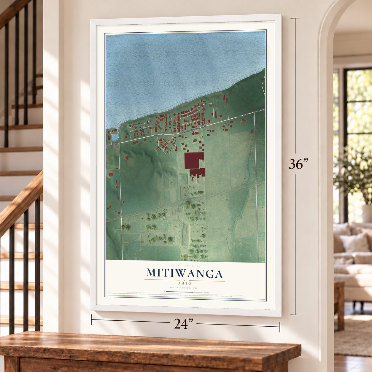 Mitiwanga, Ohio map, 24 x 36 inch print in a white frame by a staircase