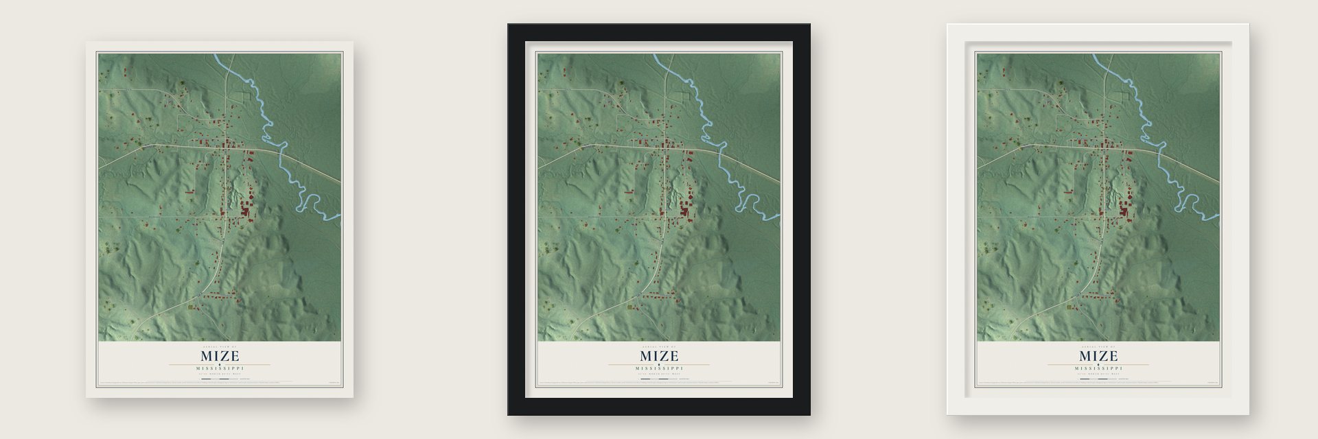 Mize, Mississippi map unframed, in a black wood frame and in a white wood frame