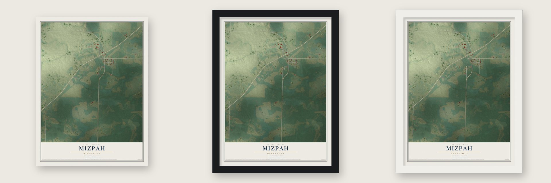 Mizpah, Minnesota map unframed, in a black wood frame and in a white wood frame